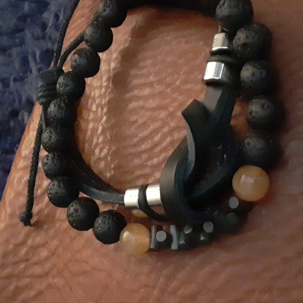 Mens bracelets. Black leather and Lava beads stretch. - Picture 2 of 5